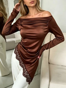 SHEIN LUNE 女款蕾絲拼接不對稱下擺露肩上衣 - 棕色 - 查看 4
