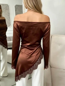 SHEIN LUNE 女款蕾絲拼接不對稱下擺露肩上衣 - 棕色 - 查看 3