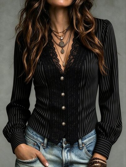 LUMIGAL Blouse femme col V profond avec patchwork de dentelle, rayures noires et blanches, manches longues, style vintage élégant pour brunch d'automne