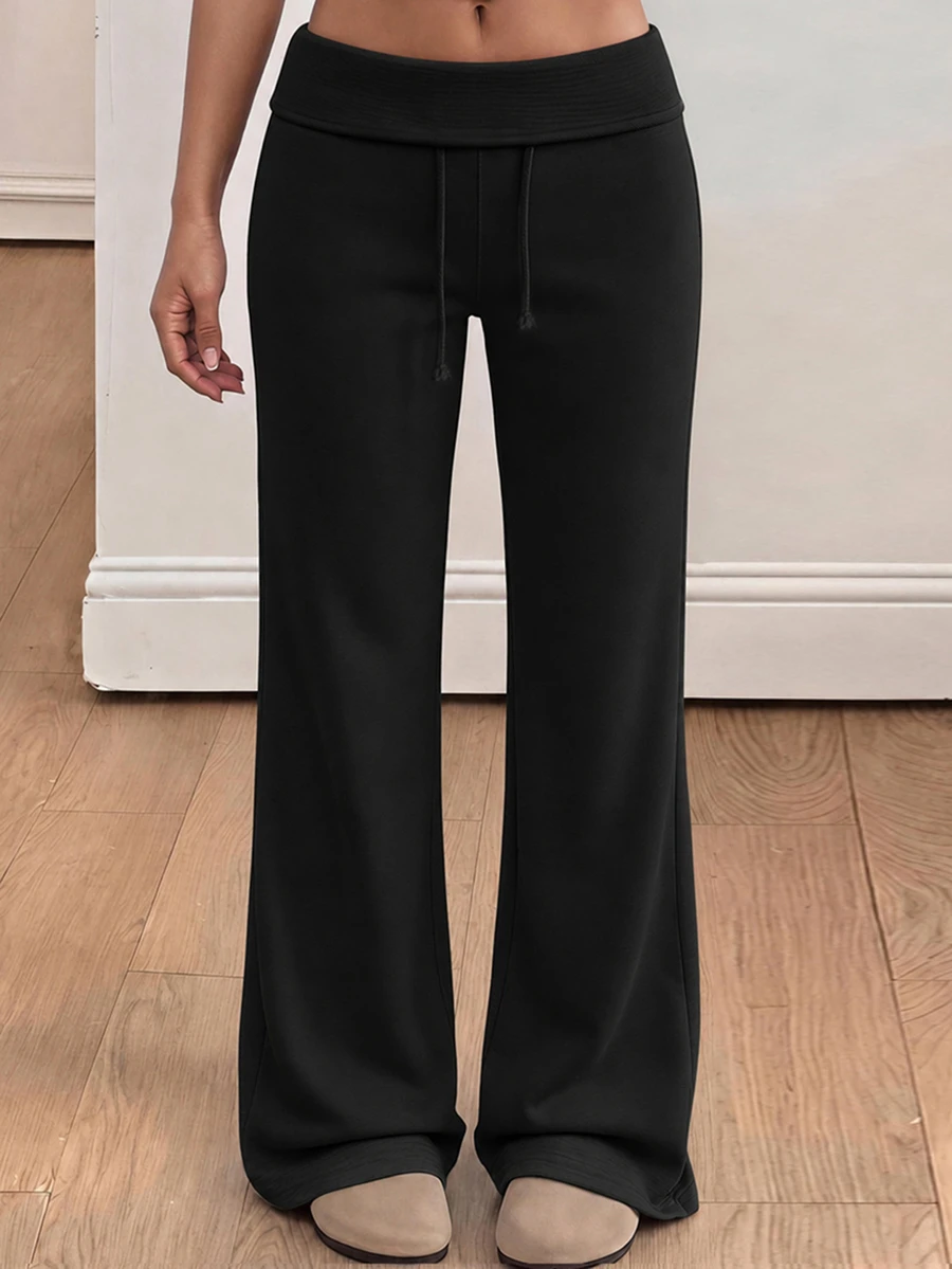 Tween Girl Tween Girls Knit Gray Waistband Fold-Over Casual Drawstring Long Pants - Black - View 1