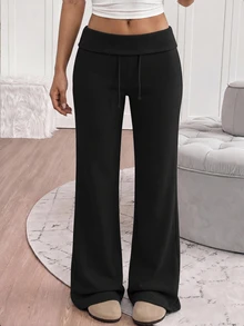 Tween Girl Tween Girls Knit Gray Waistband Fold-Over Casual Drawstring Long Pants - Black - View 4