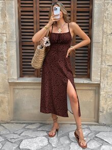 SHEIN Frenchy Women's All-Over Print Slit Up To Thigh Casual Slip Dress - Brown - View 6
