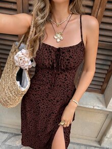 SHEIN Frenchy Women's All-Over Print Slit Up To Thigh Casual Slip Dress - Brown - View 5