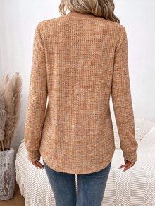 SHEIN LUNE 女款圓領不對稱下擺華夫格針織紋理面料休閒運動居家早午餐街頭風秋季運動衫 駝色 - 橘色 - 查看 2