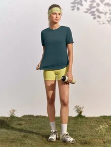In My Nature 女款對比色網格短袖運動上衣，適合戶外徒步、健身房健身運動，秋季運動T恤 - 藍色 - 查看 8