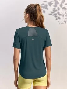 In My Nature 女款對比色網格短袖運動上衣，適合戶外徒步、健身房健身運動，秋季運動T恤 - 藍色 - 查看 6