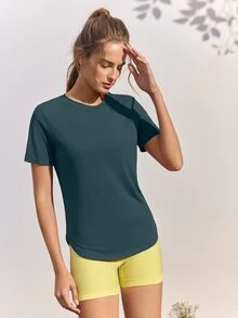 In My Nature 女款對比色網格短袖運動上衣，適合戶外徒步、健身房健身運動，秋季運動T恤 - 藍色 - 查看 4