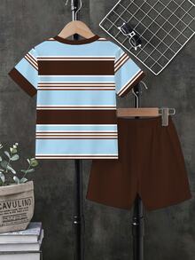 Tween Boys Blue And White Striped Brown‑Short‑Sleeve‑Tee Solid‑Shorts 2‑Piece Summer Outfit With Horse‑Rider‑Graphic Preppy Streetwear Casual School - Multicolor - View 2