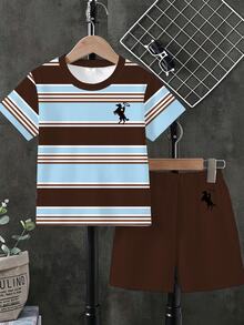 Tween Boys Blue And White Striped Brown‑Short‑Sleeve‑Tee Solid‑Shorts 2‑Piece Summer Outfit With Horse‑Rider‑Graphic Preppy Streetwear Casual School - Multicolor - View 3