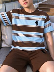 Tween Boys Blue And White Striped Brown‑Short‑Sleeve‑Tee Solid‑Shorts 2‑Piece Summer Outfit With Horse‑Rider‑Graphic Preppy Streetwear Casual School - Multicolor - View 1