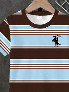 Tween Boys Blue And White Striped Brown‑Short‑Sleeve‑Tee Solid‑Shorts 2‑Piece Summer Outfit With Horse‑Rider‑Graphic Preppy Streetwear Casual School - Multicolor - View 4