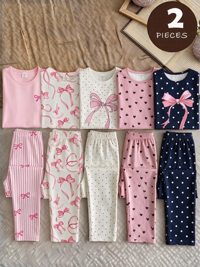 SHEIN 2pcs/Set Teen Girls Bow Decor Printed Top And Plaid Shorts Pajama Set, Soft Knit Fabric, Comfortable, Sweet And Elegant Style