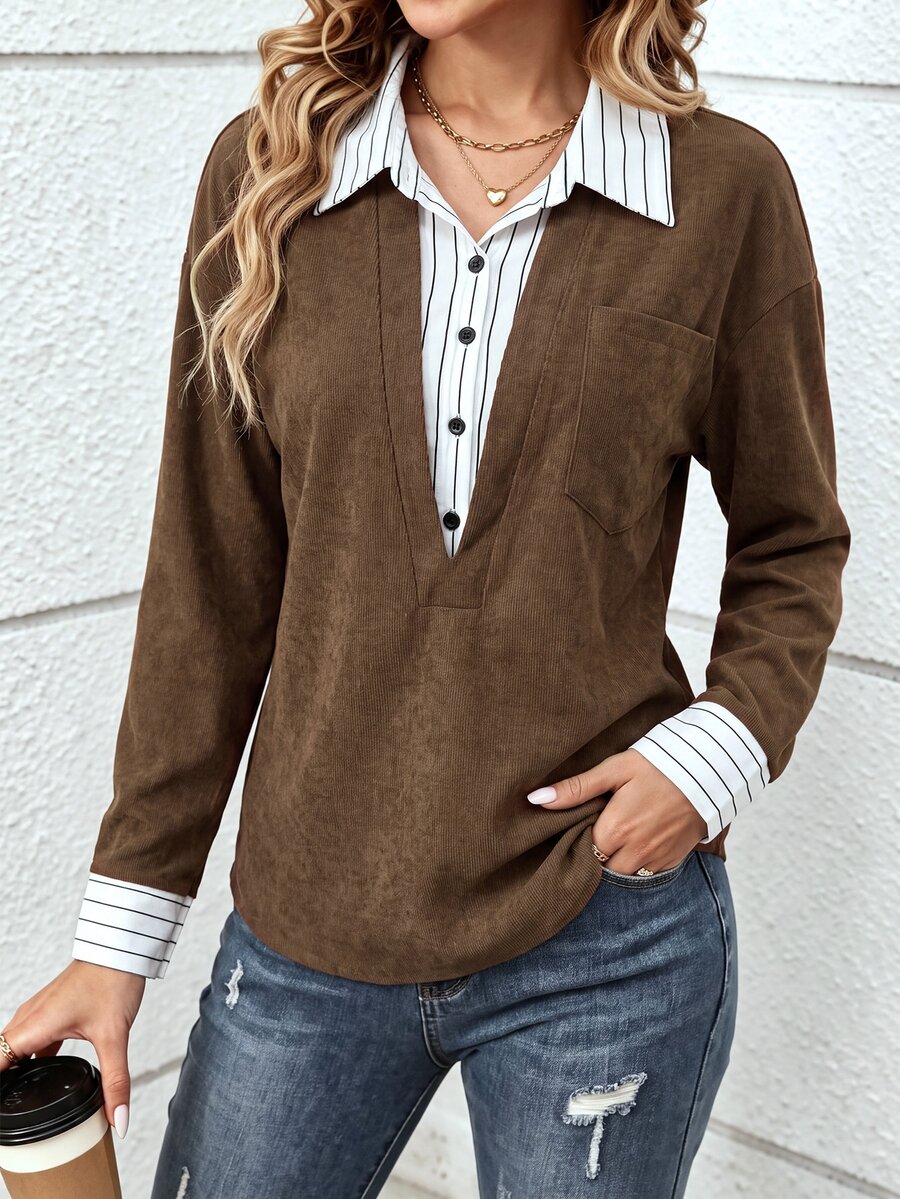 SHEIN LUNE European And American Autumn/Winter Color 2 In 1 Patchwork Striped Shirt For Women, Contrast Color Collar And Cuffs, Loose Fit, Dropped Shoulder, Commuter Casual Long Sleeve Top - Multicolor - View 1