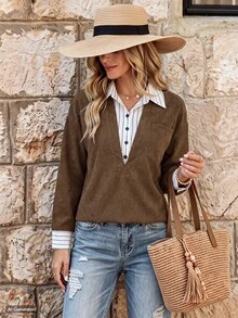 SHEIN LUNE European And American Autumn/Winter Color 2 In 1 Patchwork Striped Shirt For Women, Contrast Color Collar And Cuffs, Loose Fit, Dropped Shoulder, Commuter Casual Long Sleeve Top - Multicolor - View 6