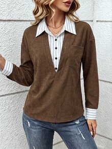 SHEIN LUNE European And American Autumn/Winter Color 2 In 1 Patchwork Striped Shirt For Women, Contrast Color Collar And Cuffs, Loose Fit, Dropped Shoulder, Commuter Casual Long Sleeve Top - Multicolor - View 4