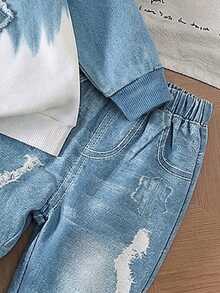 SHEIN Baby Boy Letter Patchwork Crew Neck Long Sleeve Sweatshirt And Pants Casual Cowboy Racing Set School Family Matching Blue And White Powder Blue Autumn - Blue - View 6