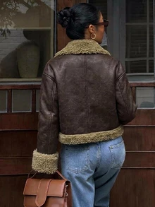DAZY Women's Lapel Long Sleeve Zipper Front Casual Faux Fur Jacket Leather - Rust Brown - View 2