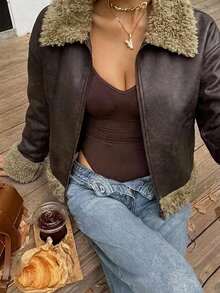 DAZY Women's Lapel Long Sleeve Zipper Front Casual Faux Fur Jacket Leather - Rust Brown - View 3