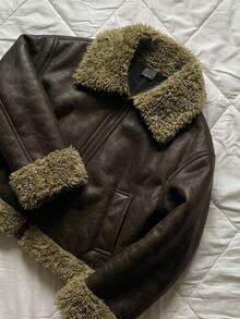 DAZY Women's Lapel Long Sleeve Zipper Front Casual Faux Fur Jacket Leather - Rust Brown - View 1