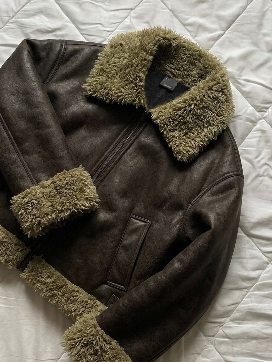 DAZY Women's Lapel Long Sleeve Zipper Front Casual Faux Fur Jacket Leather - Rust Brown - View 1