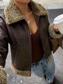 DAZY Women's Lapel Long Sleeve Zipper Front Casual Faux Fur Jacket Leather - Rust Brown - View 5