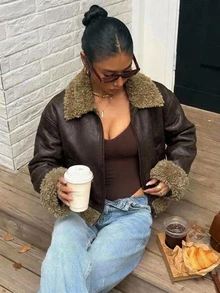 DAZY Women's Lapel Long Sleeve Zipper Front Casual Faux Fur Jacket Leather - Rust Brown - View 4
