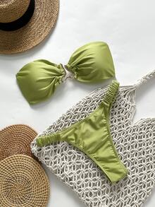 SHEIN Swim Springbreak Women Beachwear Summer Outfits, Women Sexy Solid Strapless Metal Decor Tied 2 Pieces Bikini Set - Green - View 3