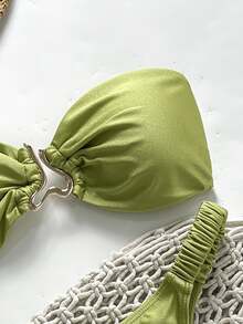 SHEIN Swim Springbreak Women Beachwear Summer Outfits, Women Sexy Solid Strapless Metal Decor Tied 2 Pieces Bikini Set - Green - View 4