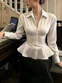 Cévolie Early Autumn Mature Spicy Style Vertical Striped Ruffle Hem Shirt, White Background With Black Fine Stripes, Lapel Collar, Single-Breasted, Back Cutout With Tie Waist, Ruffle Hem, Suitable For Office, Date, Party - Multicolor - View 3