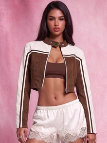 Nooralise Fashionable Sporty Striped Colorblock Cropped Jacket - Multicolor - View 1