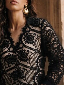 Cravure Plus Size Women's Autumn/Winter Asymmetric Lace Contrast Color Elegant Exquisite Casual Blouse Fall - Black - View 2