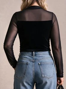 Elegantrix Women's Plus Size Autumn Single Piece Cross Neckline Mesh & Velvet Patchwork Top, Ruched Slim Fit Sexy Style Party Date Long Sleeve Blouse Fall - Black - View 3
