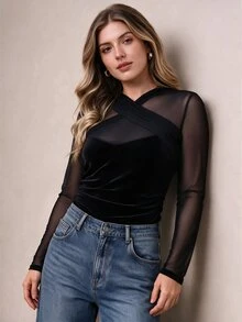Elegantrix Women's Plus Size Autumn Single Piece Cross Neckline Mesh & Velvet Patchwork Top, Ruched Slim Fit Sexy Style Party Date Long Sleeve Blouse Fall - Black - View 4