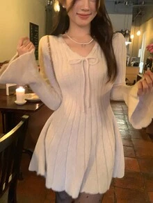 DAZY Women's V-Neck Solid Color Casual Long Sleeve Autumn/Winter Korean Style Sweater Dress - Apricot - View 3
