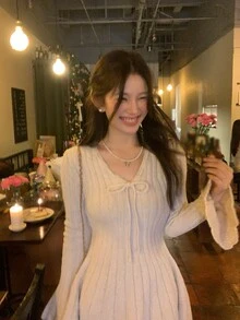 DAZY Women's V-Neck Solid Color Casual Long Sleeve Autumn/Winter Korean Style Sweater Dress - Apricot - View 5