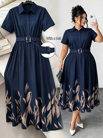 Elenzga Vestido azul de verano con estampado de bloques de color, elegante y casual, estilo retro francés, para vacaciones y uso diario, con cuello de solapa y cintura ceñida con cinturón