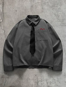 AXEPEAK 男士條紋字母刺繡圖案長袖襯衫與長褲休閒日常套裝 - 彩色 - 查看 3