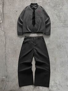 AXEPEAK 男士條紋字母刺繡圖案長袖襯衫與長褲休閒日常套裝 - 彩色 - 查看 2