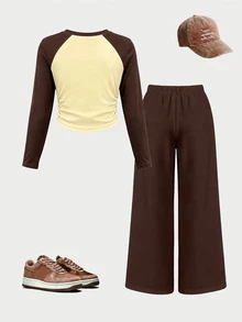 Tween Girls Autumn Fashion Premium Yellow & Brown Bow Waist Gathered Long Sleeve T-Shirt & Wide Leg Pants Set, Fall Outfits - Multicolor - View 4
