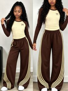 Tween Girls Autumn Fashion Premium Yellow & Brown Bow Waist Gathered Long Sleeve T-Shirt & Wide Leg Pants Set, Fall Outfits - Multicolor - View 3