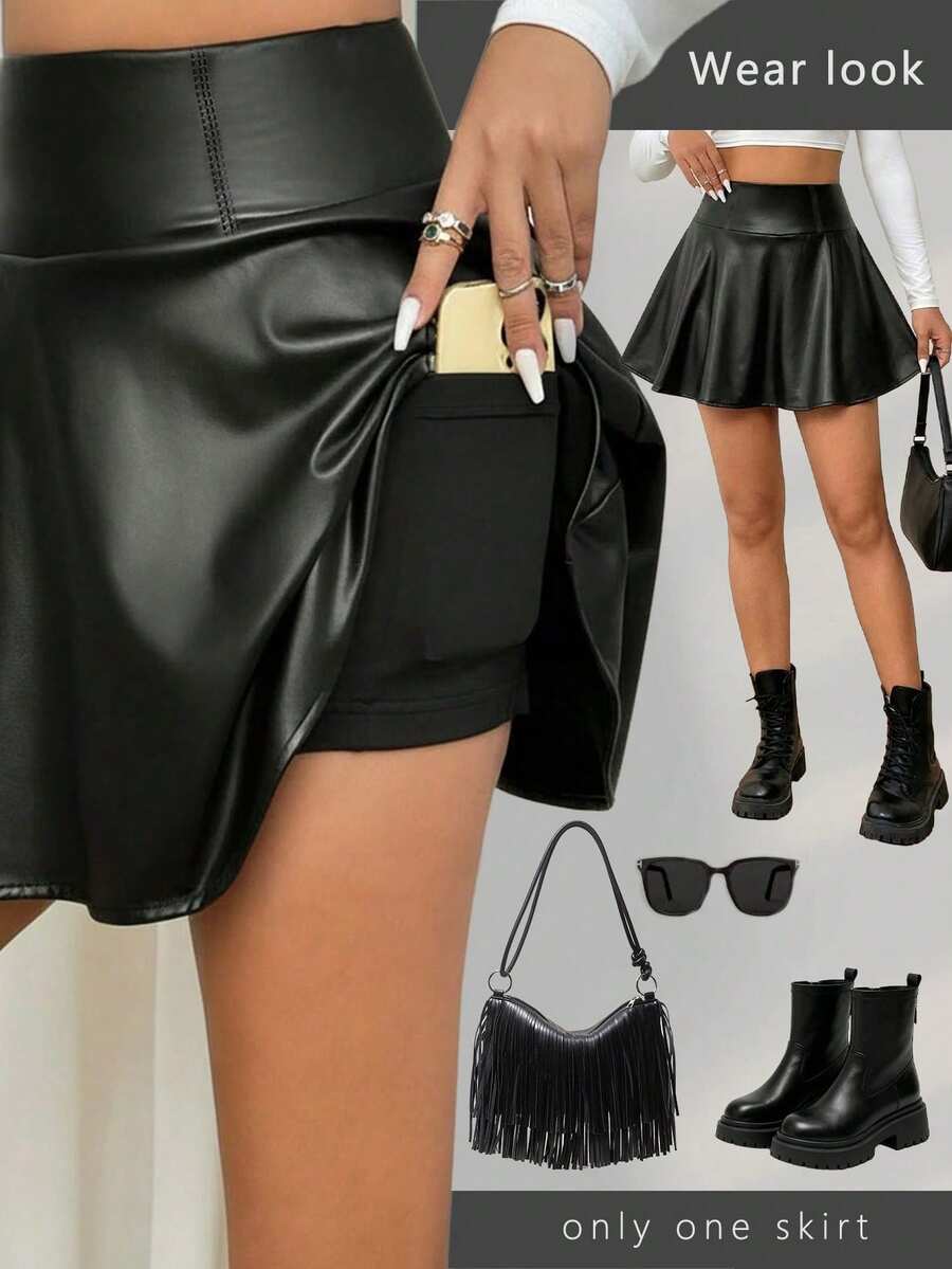 SHEIN 青少年女孩寬腰帶裙褲,附手機口袋 - 黑色 - 查看 1
