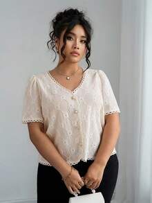 Elenzga 女式优雅波西米亚风格V领休闲短袖米色衬衫 - 杏色 - 查看 4