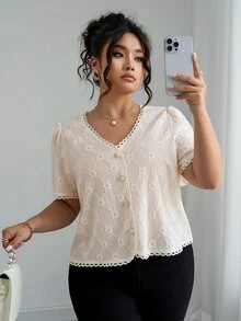 Elenzga 女式优雅波西米亚风格V领休闲短袖米色衬衫 - 杏色 - 查看 8