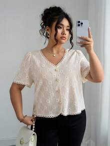 Elenzga 女式优雅波西米亚风格V领休闲短袖米色衬衫 - 杏色 - 查看 3