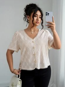 Elenzga 女式优雅波西米亚风格V领休闲短袖米色衬衫 - 杏色 - 查看 1