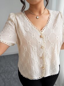 Elenzga 女式优雅波西米亚风格V领休闲短袖米色衬衫 - 杏色 - 查看 9
