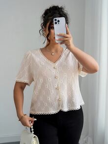 Elenzga 女式优雅波西米亚风格V领休闲短袖米色衬衫 - 杏色 - 查看 7