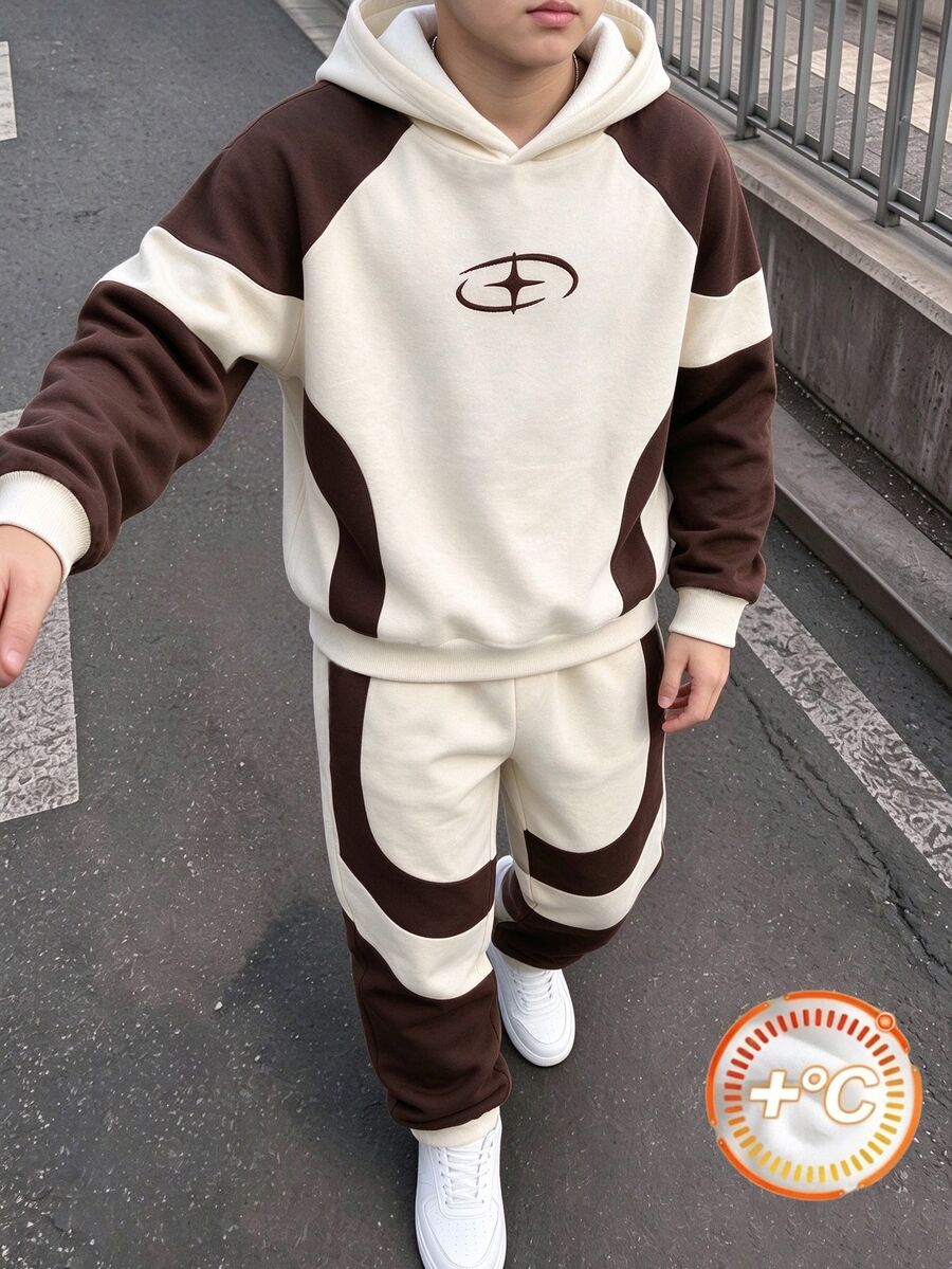 Tween Boys Colorblock Raglan Sleeve Hoodie And Pants Set School Beige Brown Fall Streetwear Cute - Multicolor - View 1