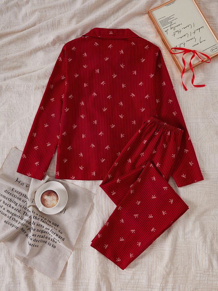 Teen Girls Fashion Sweet Elegant Pink Striped Bow Combination Bubble Crinkle Fabric Print Long Sleeve Button-Up Top And Long Pants Casual Comfortable 2-Piece Loungewear Set - Burgundy - View 4