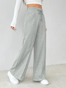 SHEIN PETITE 女款小碼灰色純色抽繩腰寬腿運動長褲，適合畢業季、返校季、教師穿著，夏季健身運動風 - 灰色 - 查看 5